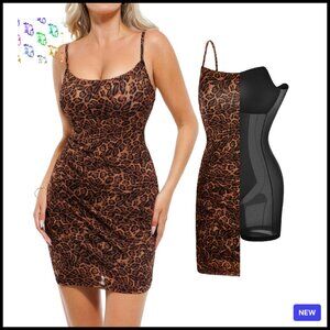 Leopard Print Bodycon Dress with Built-in Shapewear Spaghetti Strap Mesh Ruched